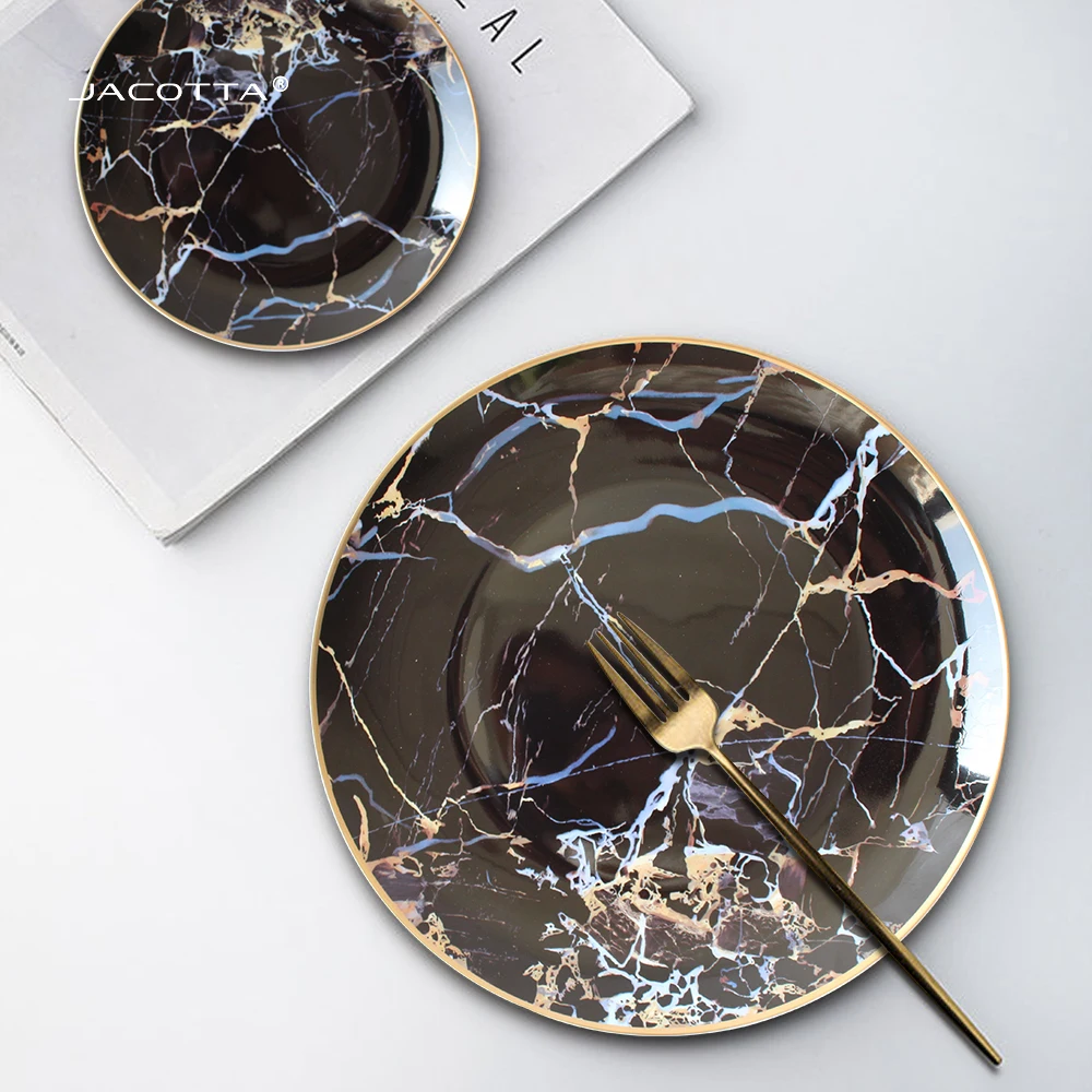 Black marble pattern bone china luxury gold rim kitchen dinnerware plates bowl cup with saucer set