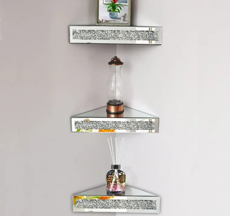 FOSUN Floating Wall Shelf Mirrored Glamorous Crushed Diamond Crystals Wall Rack Glass Display Ledge of Trophy and Photo Frame