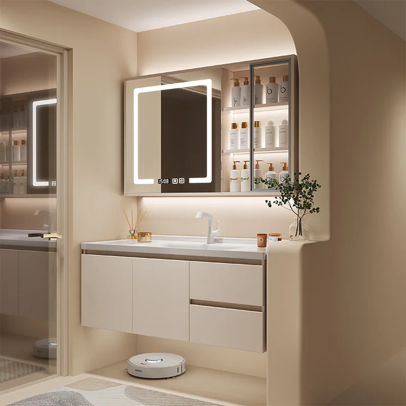 MEGA Factory Direct Sale Cheap Modern Wooden Wall Hung Bathroom Furniture With Basin Sink Sets Bathroom Cabinet With Led Mirror