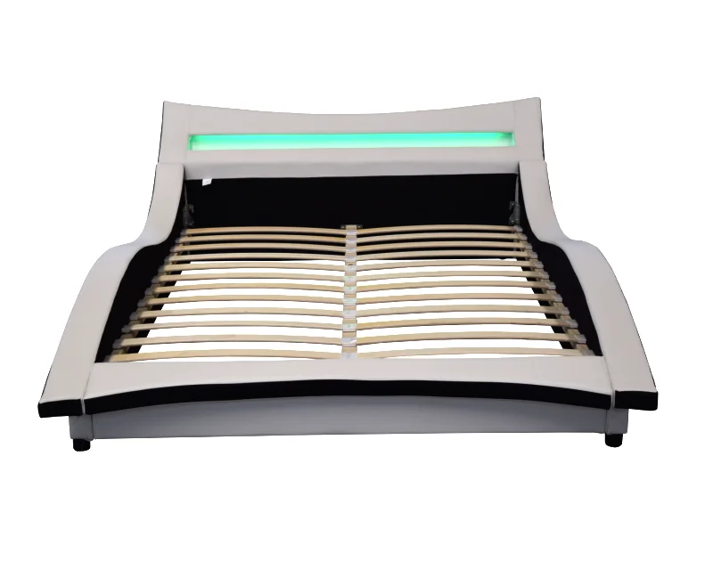 Manufacturer Italia Style Luxury Curved S shape PU Bed with LED on Headboard for Bedroom