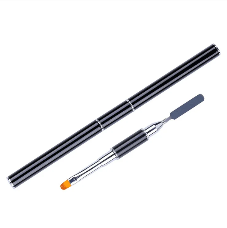 Professional Black Metal Handle Nail Pen Double Ends Nylon Hair Gel Painting Nail Art Brush with Nail Spatula Pusher