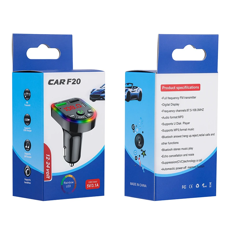 2024 hot selling handfree car kit 2 usb ports charger car FM transmitter with  7 colors LED backlit lights MP3 player