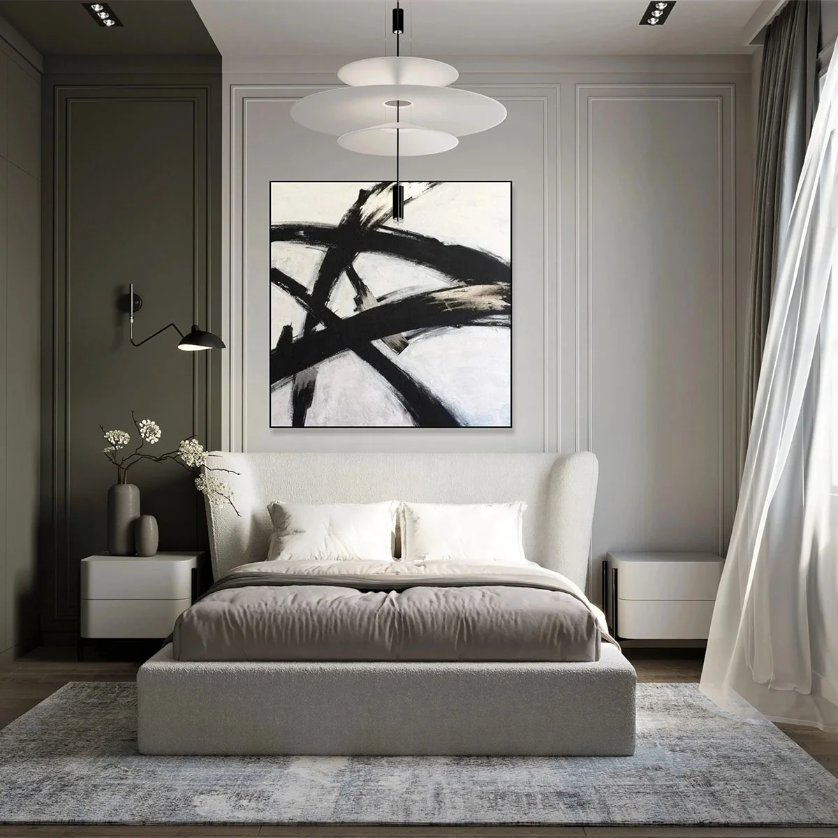 Custom Oil Painting art Abstract Franz Kline style Painting in black glare Black and White wall art decor for living room