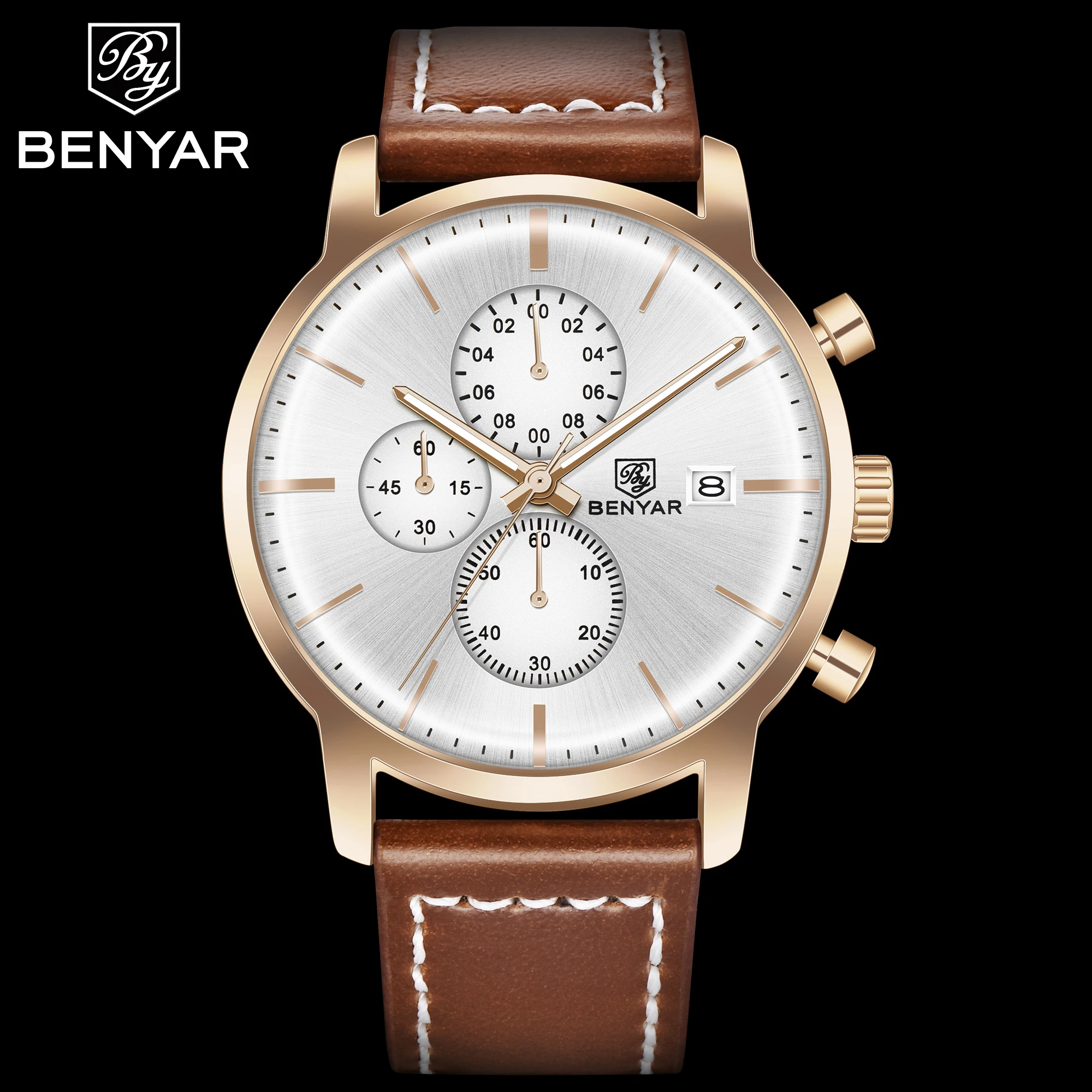 
Benyar 5146 leather strap watches analog watches for men stainless steel back genuine leather quartz watch 