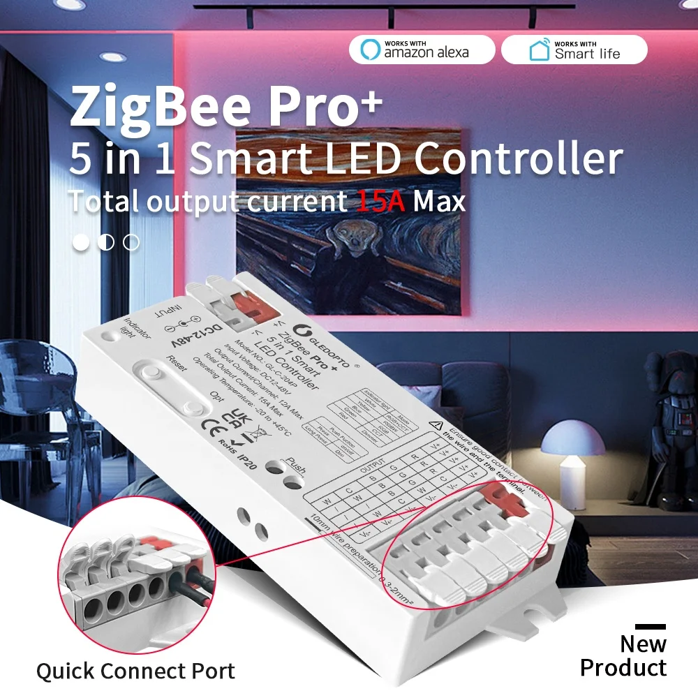 Новый Gledopto 5 в 1 zigbee 3 0 + 2 4 г RF умный светодиодный контроллер с нажимным переключателем DC 12-48V 15A максимальная яркость регулируемая