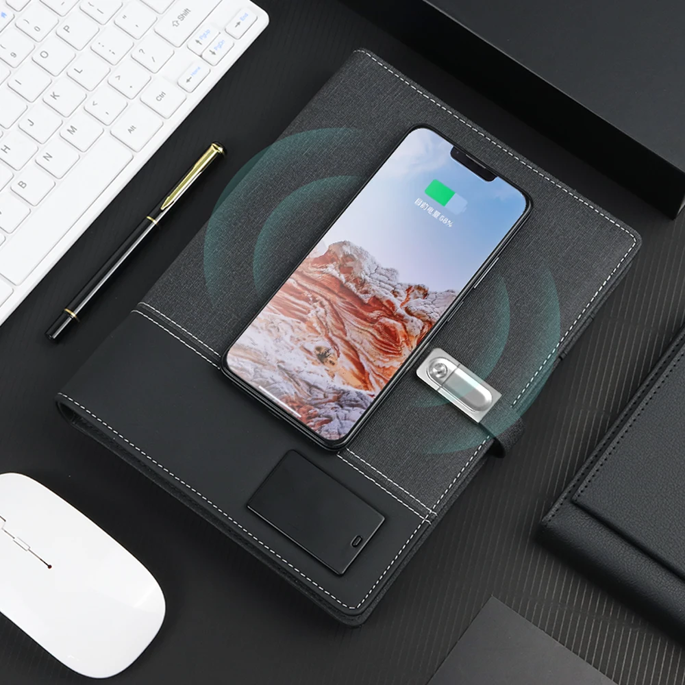 Multi-functional A5 Wireless Charging Notebook With speaker  USB Flash Drive Power Bank Leather Smart Notebook For Business Gift