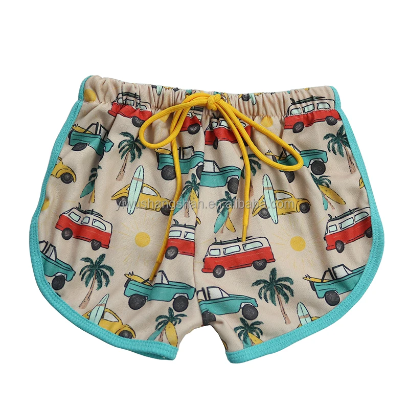 New Arrived Kids Baby Shorts Bus Coconut Tree Printed High Elastic French Terry Fabric Baby Girls String Shorts