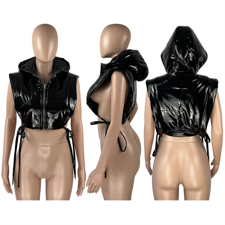 Trendy Ladies PU Leather Coat Sleeveless Side Slit Hooded Street Wear Fall Womens Puffer Jacket