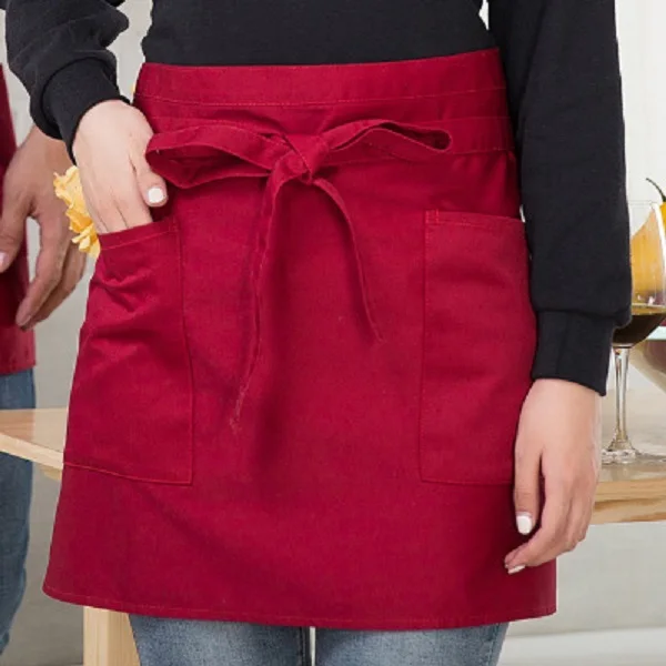 3 Pocket 2 Pocket Custom Black Cotton Polyester Short Waitress Half Server Waiter Apron Waist for Kitchen Coffee Bar
