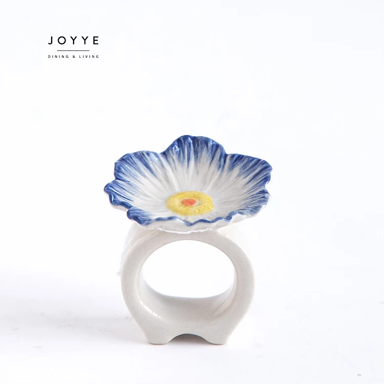 Joyye ins style blue flower Irregular shape design decor ceramic napkin ring for women dinner weddings