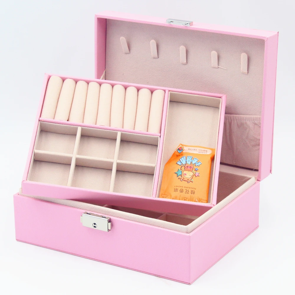 Hot popular cheap pu leather jewelry box with tray for girls ladies womens gift jewel packaging storage jewellery display case