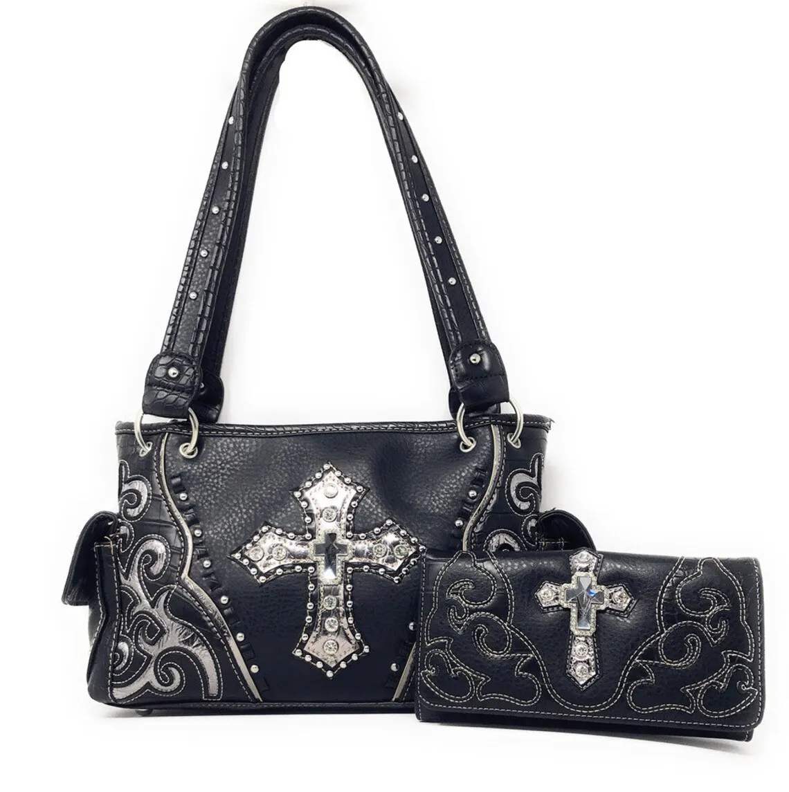 Premium Rhinestone Cross Cut Out Western Embroidered Womens Concealed Carry Handbag With Matching Wallet in 5 Colors Low Price