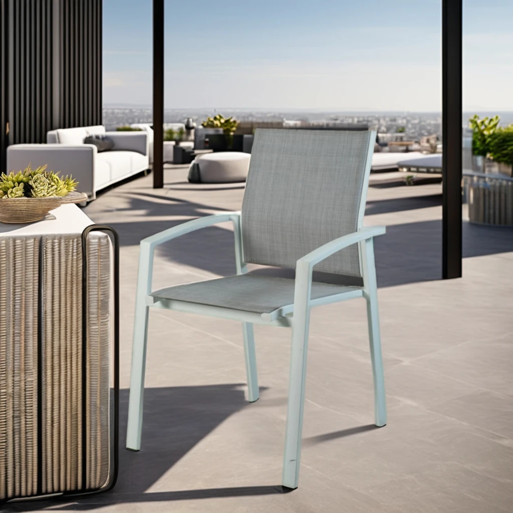Indoor/Outdoor Dining Chair with Steel Armrest Stackable Textliene Fabric Chairs Design for Gardens