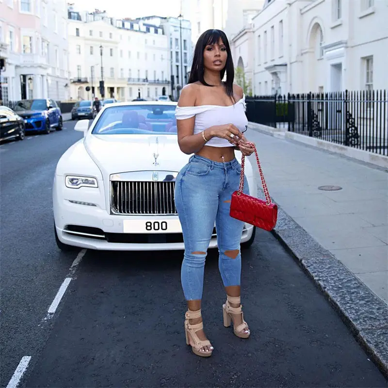 Sexy hollow women demin jeans skinny high-waisted denim trousers with eyelets color straps skinny plus size jeans denim ladies