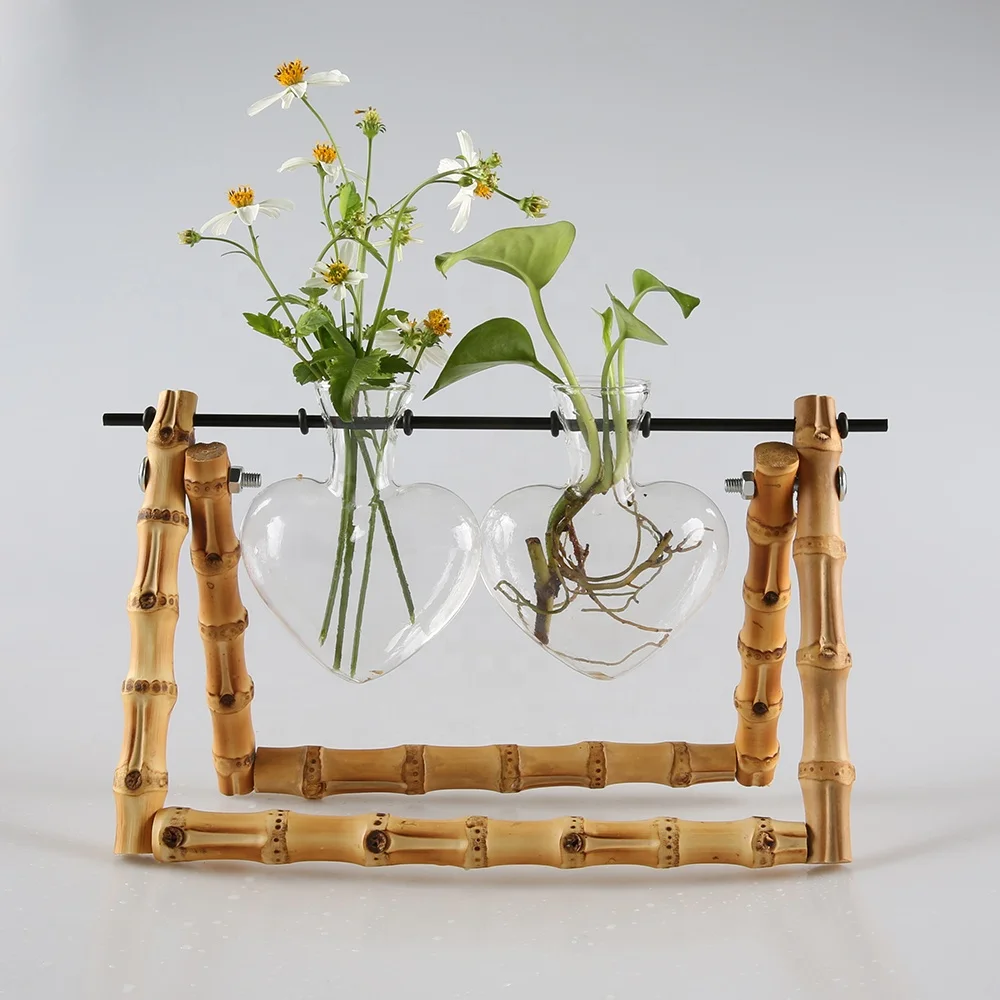 Desktop Decoration Heart Glass Bamboo Root Wooden Stand Propagation Stations Hydroponics Planter Water Air Plant Terrarium Vase