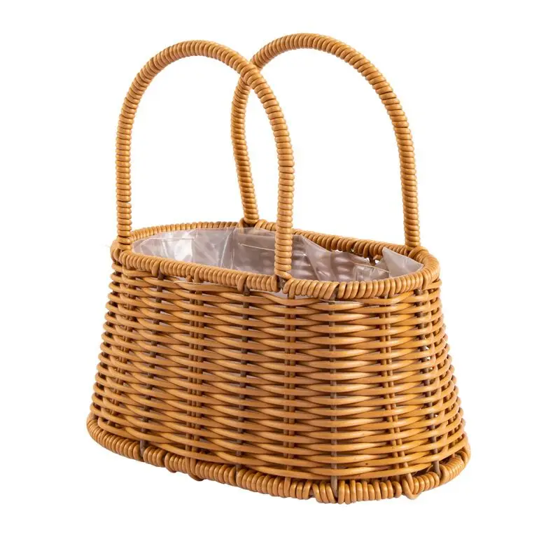 Woven flower basket portable plastic rattan basket decorative home flower basket
