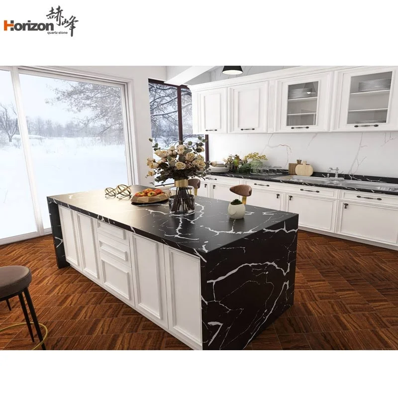 Horizon calcatta marble look quartz countertops slabs for black and white kitchen counter tops