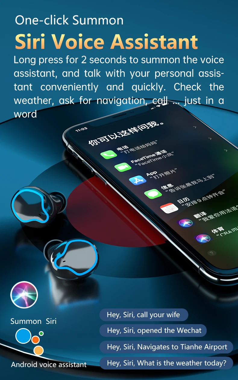 M9 Flashlight Mirror Earphone 3500Mah Battery Version 5.1 Headphone Waterproof Earbuds with LED Display