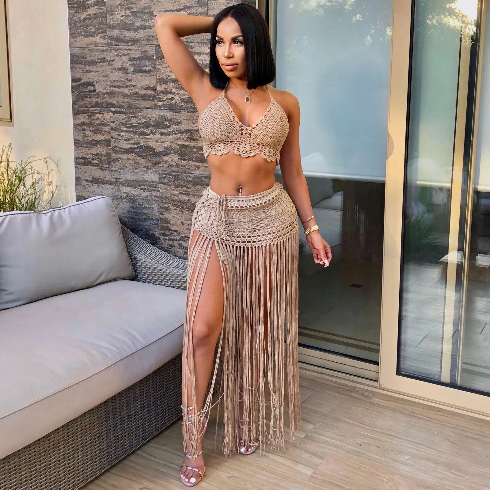 New arrived  hand crochet  Beach dress sexy women Bra top+long tassel skirts Bikini swimwear bathing suit cover-ups