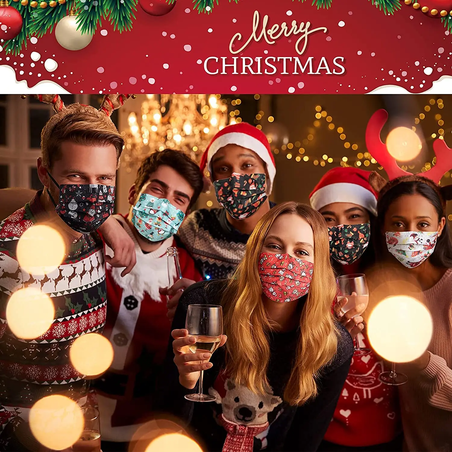 Merry christmas face mask for party masquerade with 3ply disposable surgical dental masks custom for adult and kid facemask