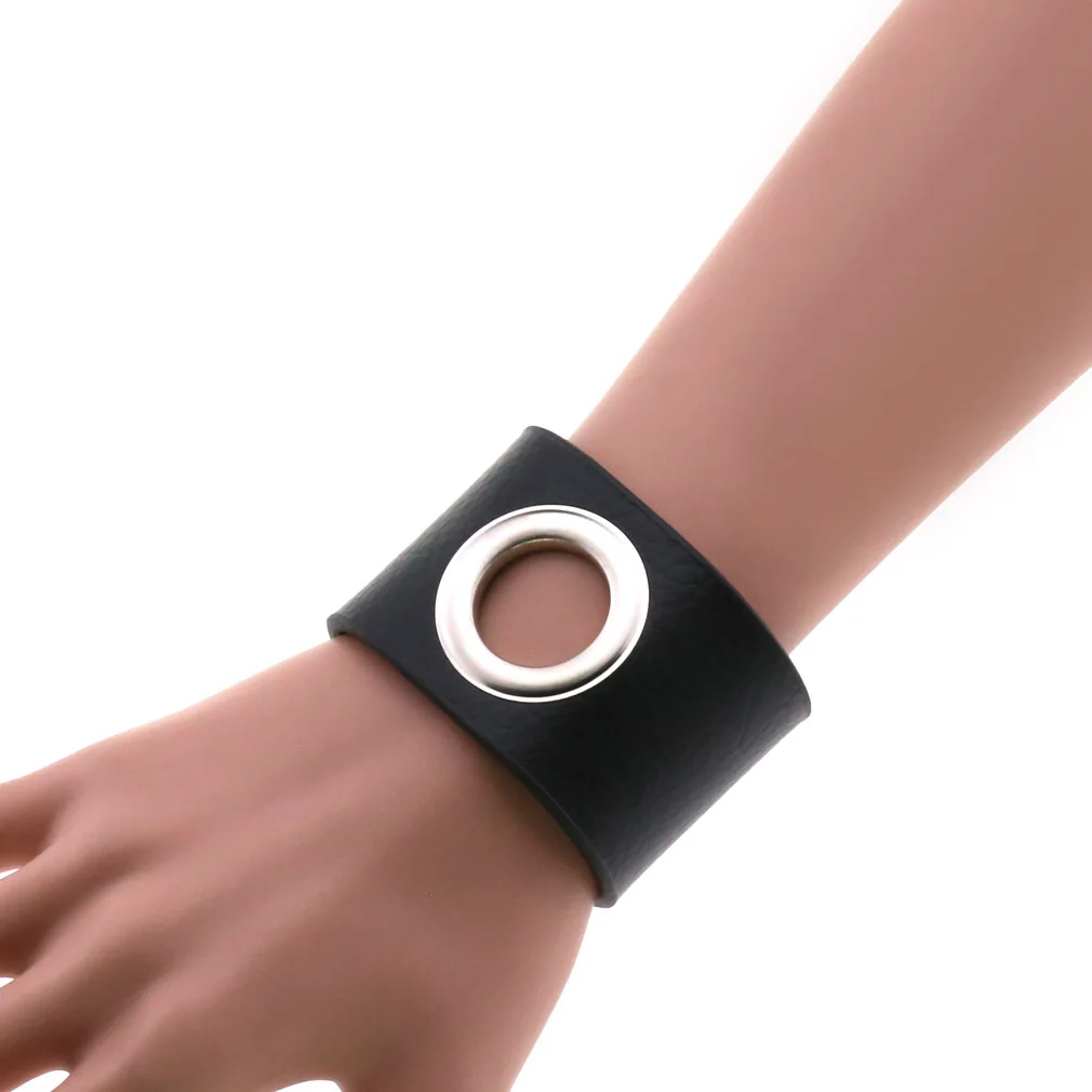 Personality Exaggerated Stainless Steel Snap Button Wide Bracelet Punk Gothic Creative Leather Round Hole Bangle Bracelet