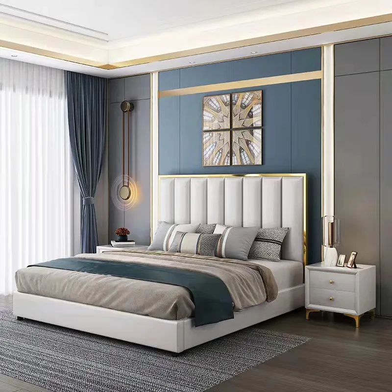 Classic Upholstered Italian King Size Bed Leather Bedroom Set Queen Bed Frame Up-holstered Beds