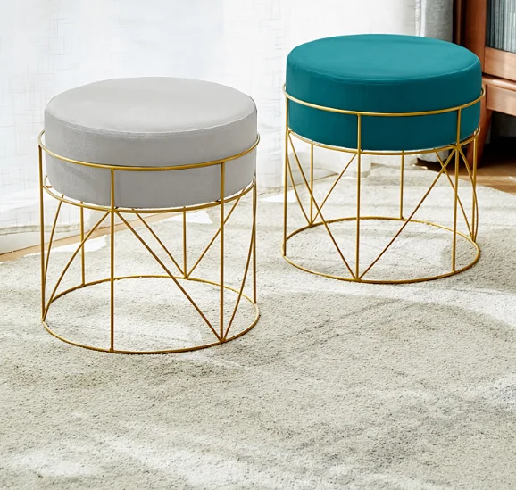 Modern Living Room Furniture Metal Frame Fabric Gold Side Velvet Ottoman Stool With Storage