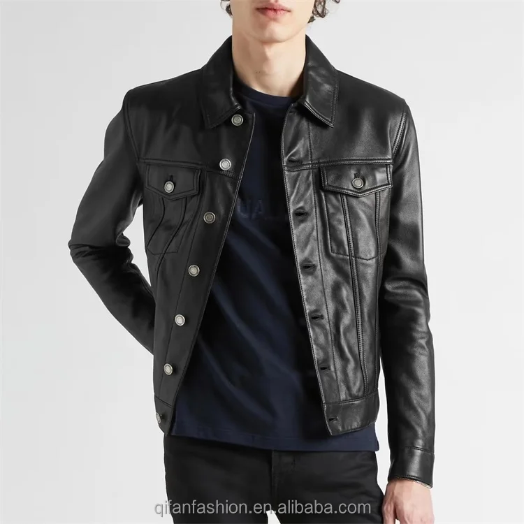 Custom square collar 2 front pockets soft leather trucker jacket for men