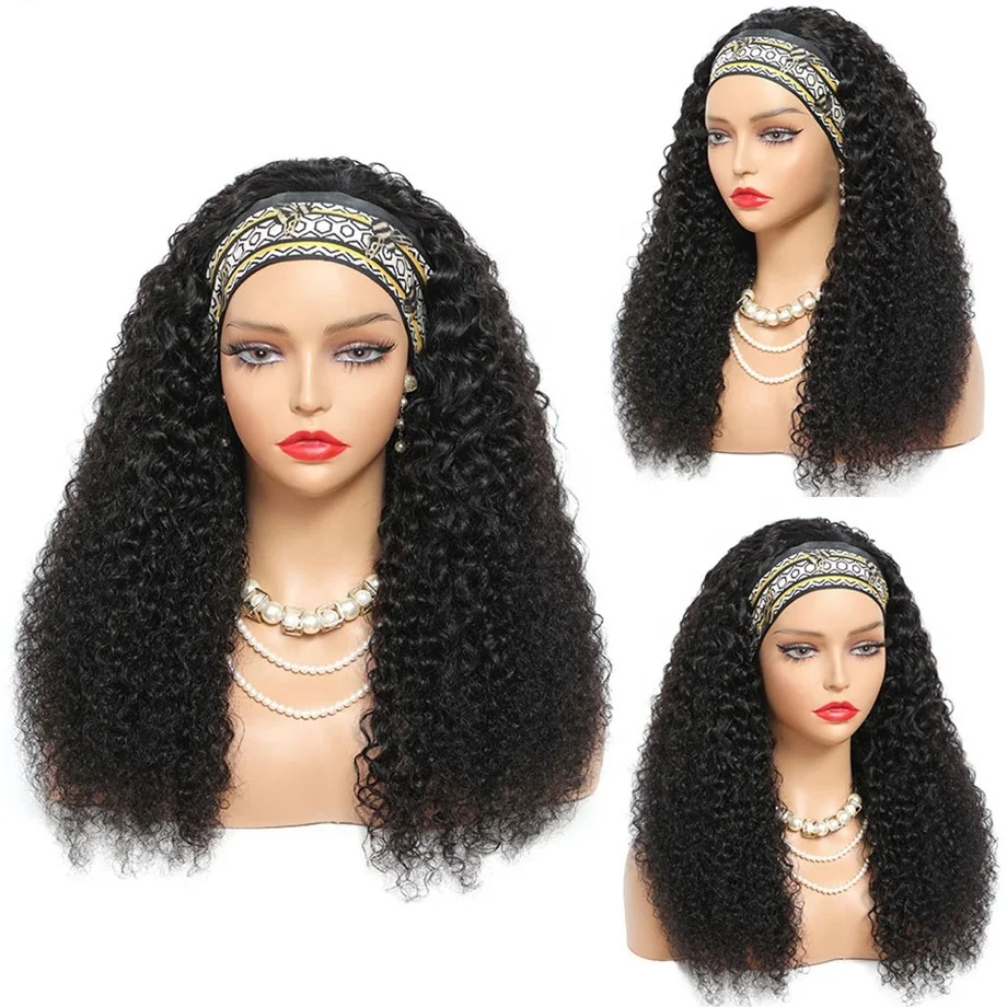 Wholesale Curly Headband Wig Human Hair 10-24 Curly Hair Headband Wig Indian Virgin Machine Made Human Hair Wigs With Headband