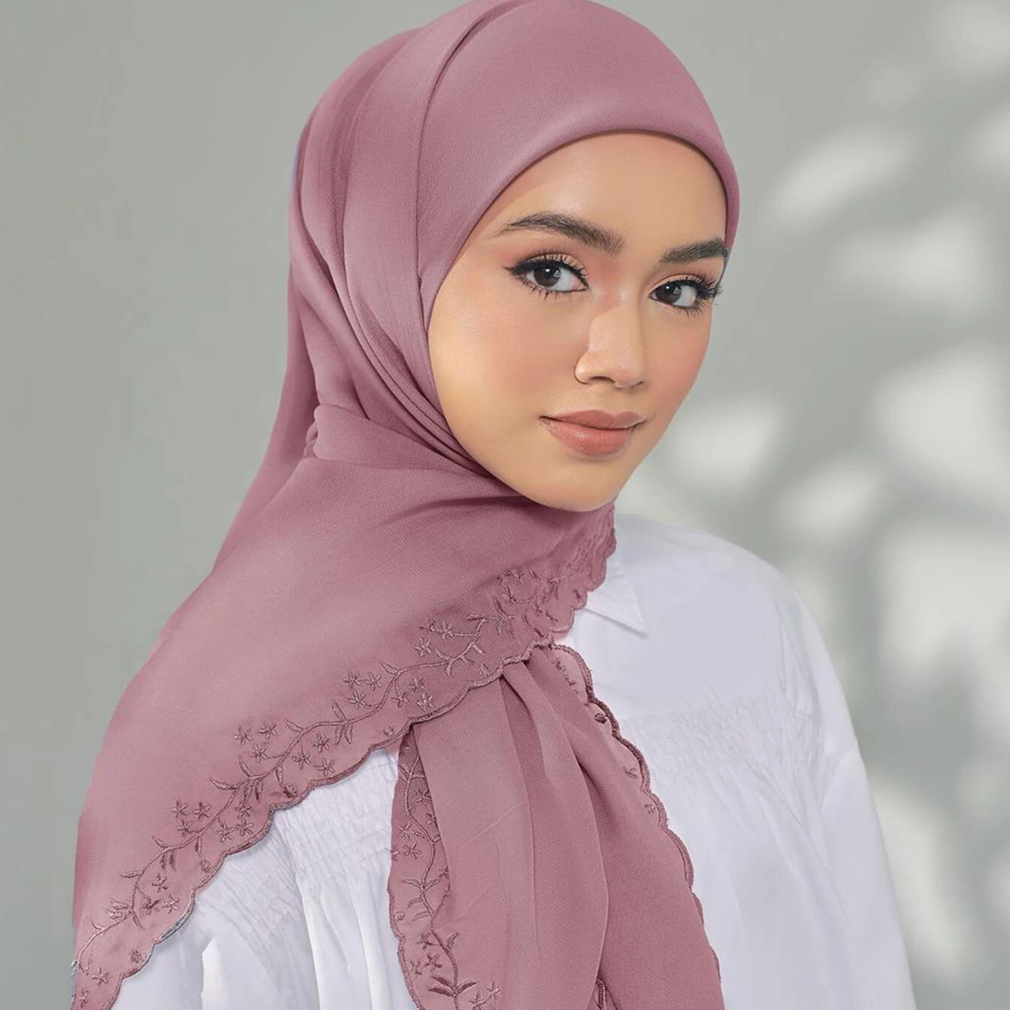Ethnic Floral Embroidery Tudung Scarf Shawl Embroidered Chiffon Hijab For Muslim Women ready to wear embroidery hijab
