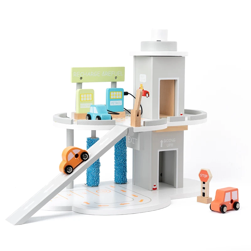 Children Play House Simulation Assembled Car Sliding Track Toy Large Three Story Wooden 3d Wooden Parking Lot Set For Kids