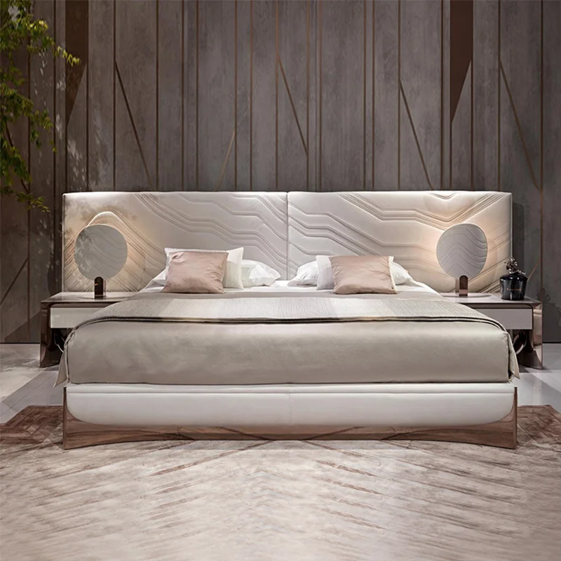 Luxury Bedroom Furniture Modern Upholstered Leather Italian Bed With Extended Headboard King Size White Leather Bed