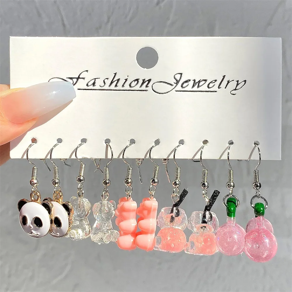 Cute Colorful  Animal Acrylic hoop Earrings Set For Women Jewelry Cartoon Geometric Butterfly Bear Love Drop Earring Set