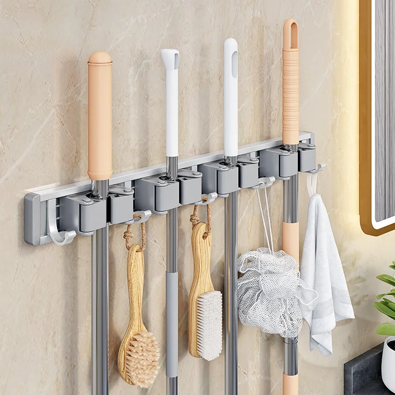 Multifunction Punch-Free Wall-mounted Broom Mop Holder Clip Hooks Bathroom Garden Garage Storage Rack with Movable Slide Rails