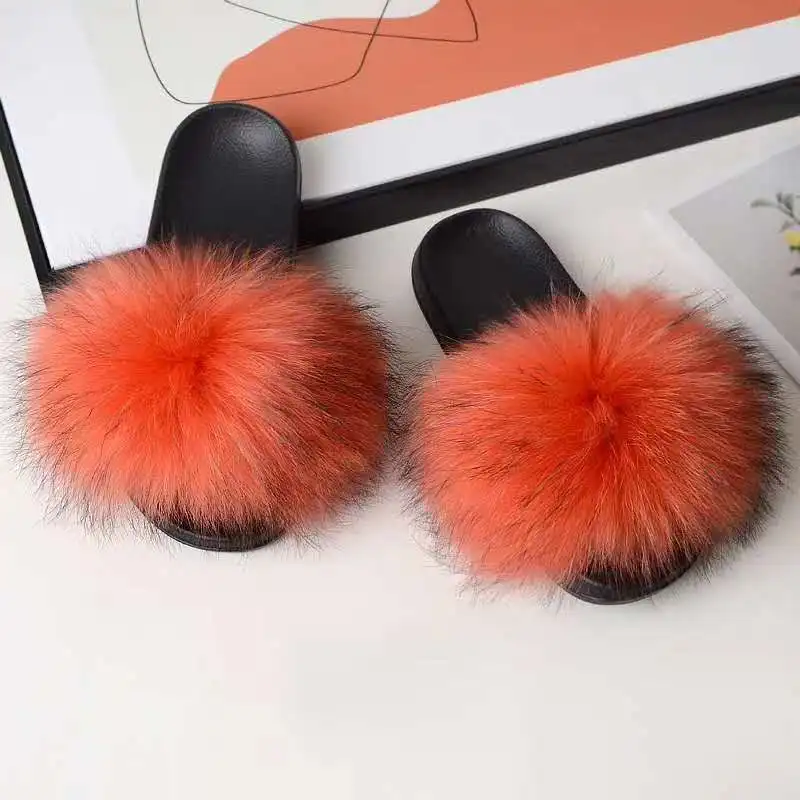 
2020 Summer Shoes Women Home Flat Sandals Female Cute Fluffy Brand Luxury Fluffy Raccoon Fur Slippers 
