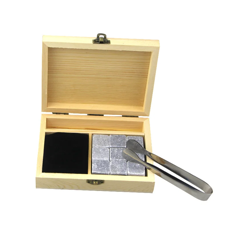 Mixology Whiskey Stones Gift Set with Wooden Box, Cube-Shaped Granite Chilling Whiskey Rocks Set of 9, Whiskey Gifts for Men