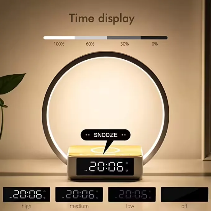 LED Wake up Light With Alarm Clock and Calendar Modern Bedside Snooze Function Wireless Charger 10W 12v Night Lamp