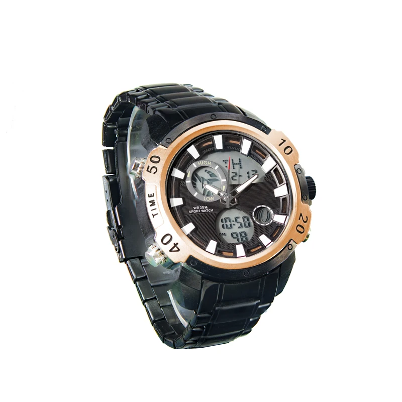Casual Sports Watch LED Digital Waterproof Quartz Watch Dual Clock Stainless Steel Watch for men