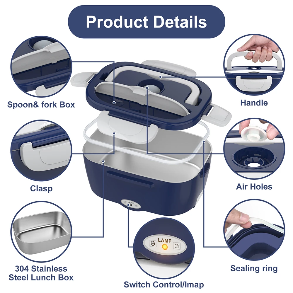 Electric Lunch Box Food Heater, Faster Heated Lunch Box, 1.5L Portable Food Warmer with Fork Spoon and Insulated Lunch Bag