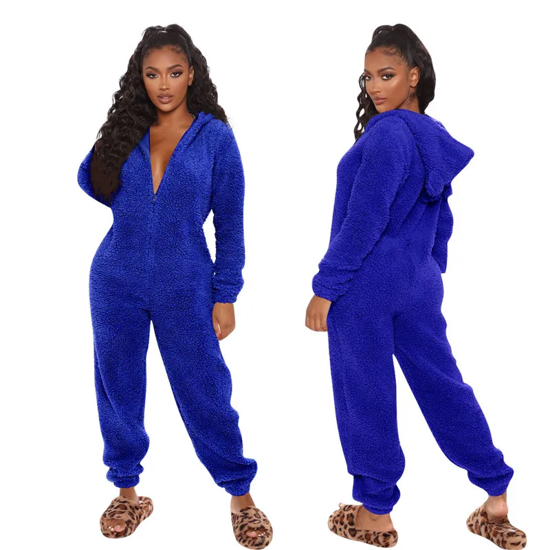 Casual Plush Homewear Long Sleeve Hooded Jumpsuits Women Cute Loungewear One Piece Zipper Pajamas Women Sleepwear