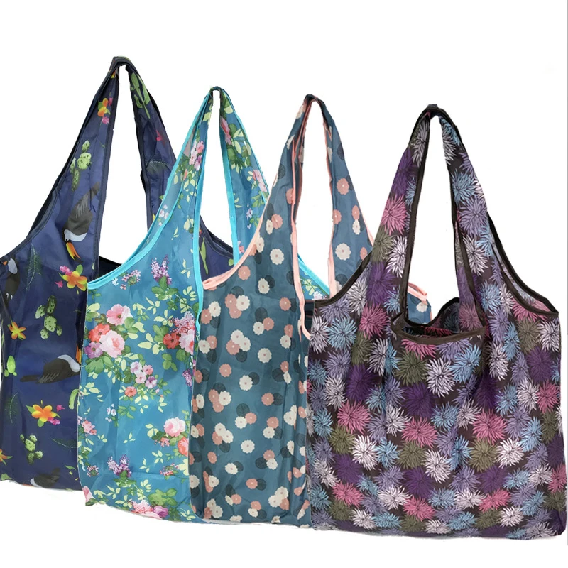 Wholesale Lightweight Polyester Foldable Ripstop Nylon Bags Reusable Folding Oxford Waterproof Shopping Bag With Small Pouch