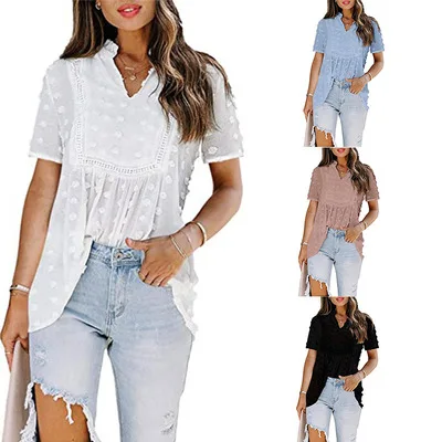 
2021 summer new chiffon jacquard wool ball lace chiffon shirt top Europe and America 