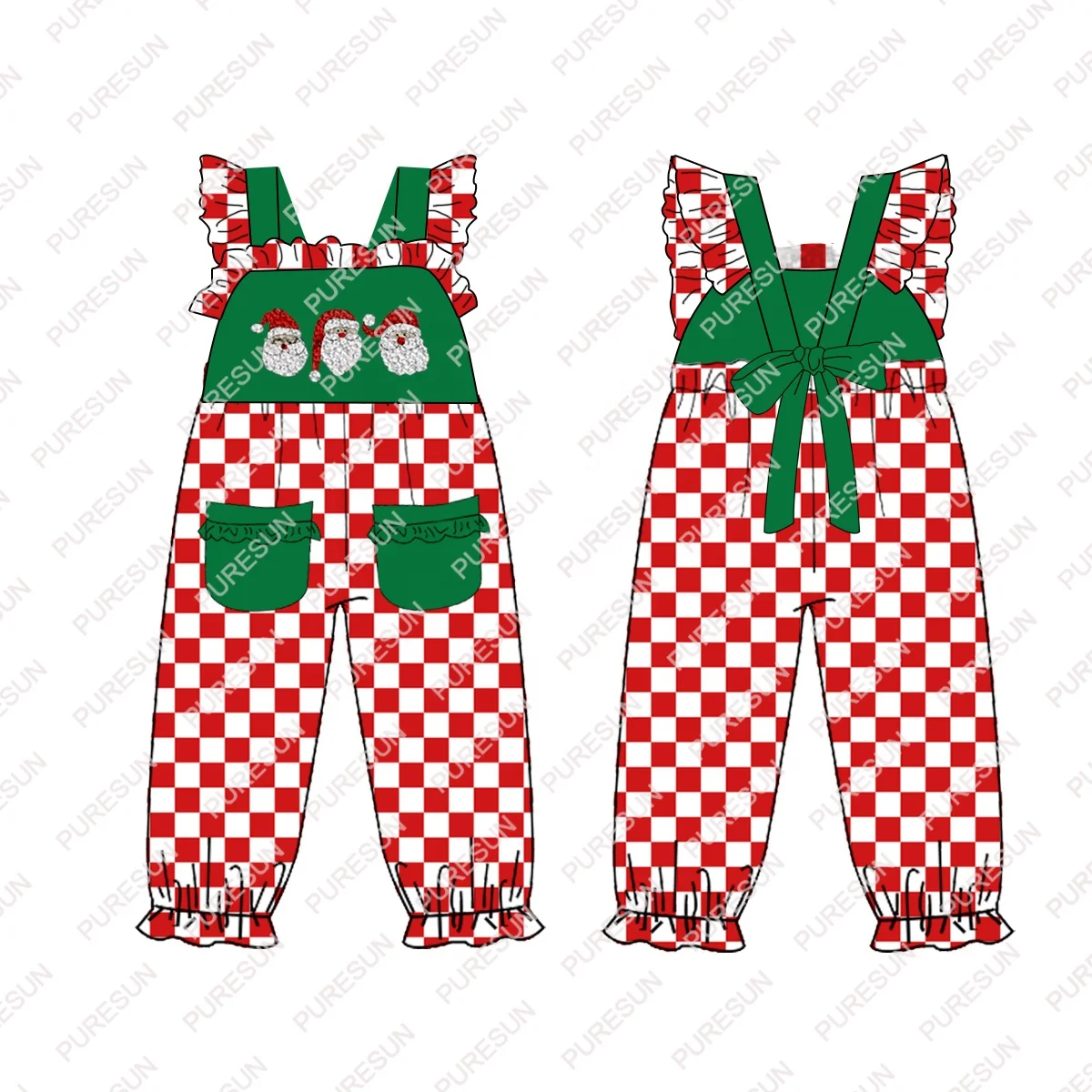 Puresun christmas children clothing custom designs cotton ruffle girls outfits clothing sets with santa french knot embroidery