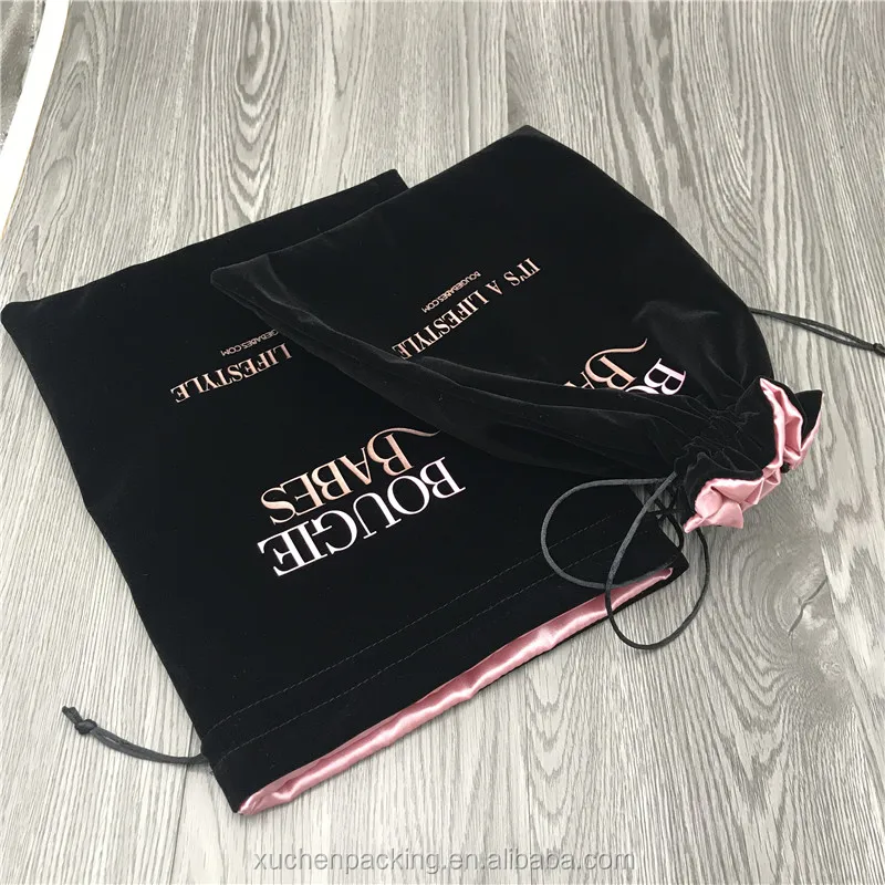 Luxury Large Black Velvet Hair Packaging Bag With Rose Gold Satin Lining