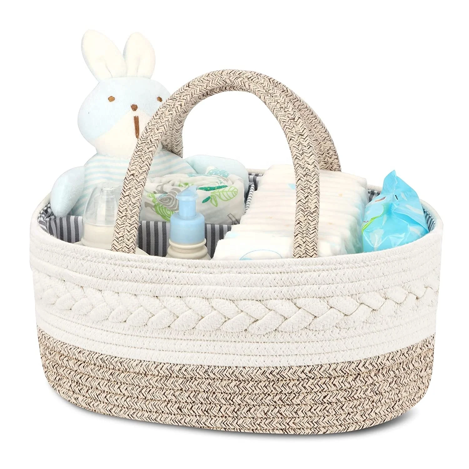 Baby Diaper Caddy Organizer Basket Cotton Rope Nursery Storage Bin for Boys and Girls Tote Bag with Removable Inserts