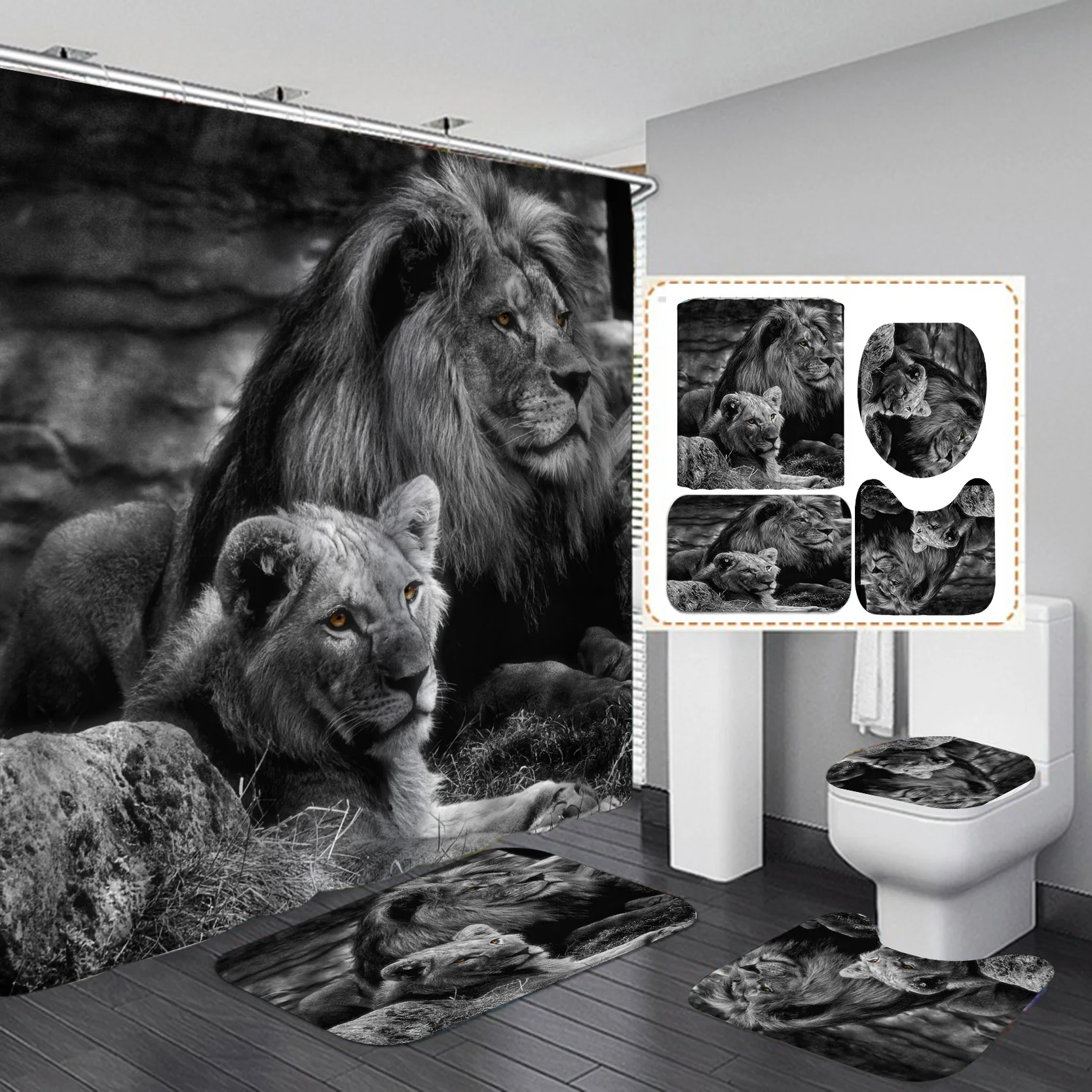2021 New Hot Products Animated Lion Head Animated Animal Shower Curtain with Bathroom Set