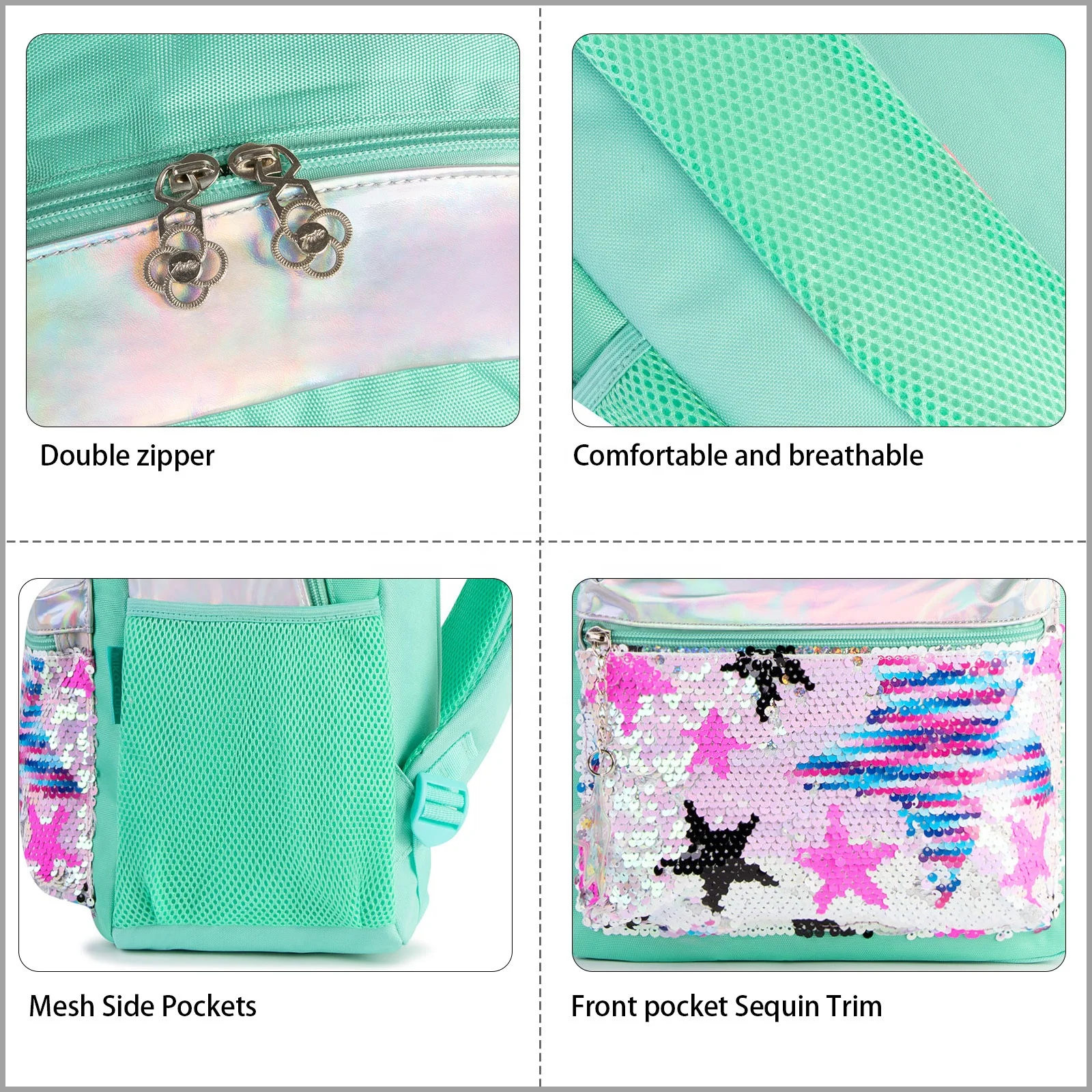 Street Fashion 15 Inch Green Sequin Stars Teenagers Children Kid Backpack School Bags Girls