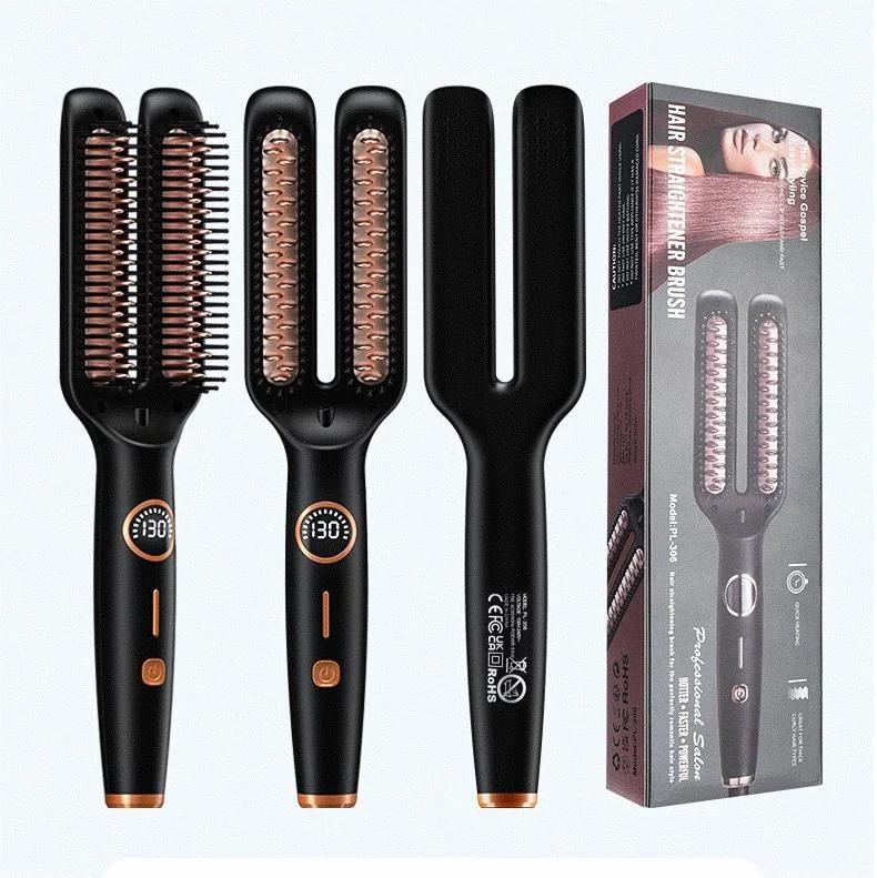Custom logo Fast Heating 2 in1 ELectric Hair Straightener Brush Negative Ion Hair Styling Comb For Women