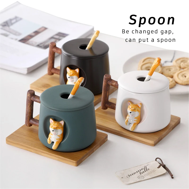 High Quality Custom 420ml Cute Cartoon Office Ceramic Coffee Shiba Inu Mug With Lid And Spoon Gift