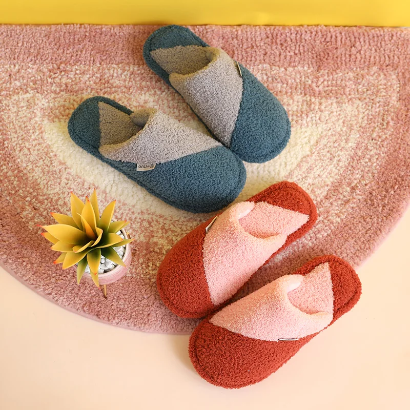Manufacturers directly sales custom winter plush flurry indoor bedroom fluffy couple cotton quite slides slippers for women men